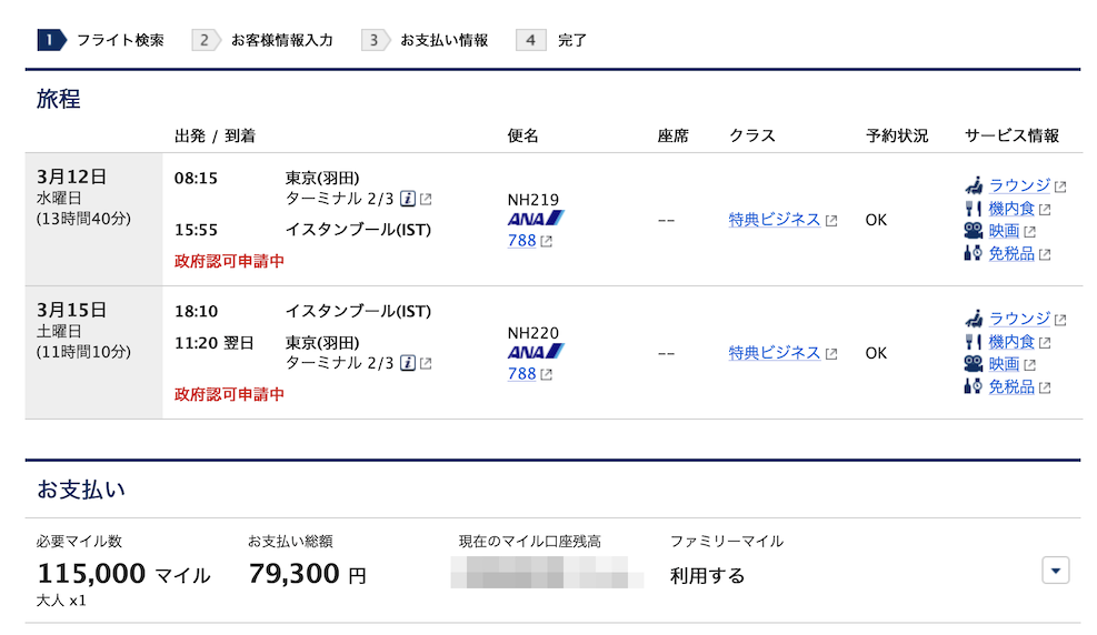 ANA国際線特典航空券（イスタンブール線）：ビジネスクラス（例）